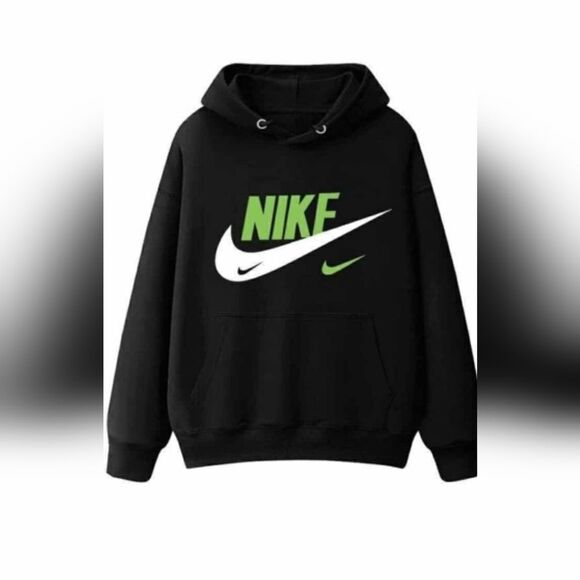 Brand New Lite Nike Men's Black and Green Logo Hoodie Sweater 005L